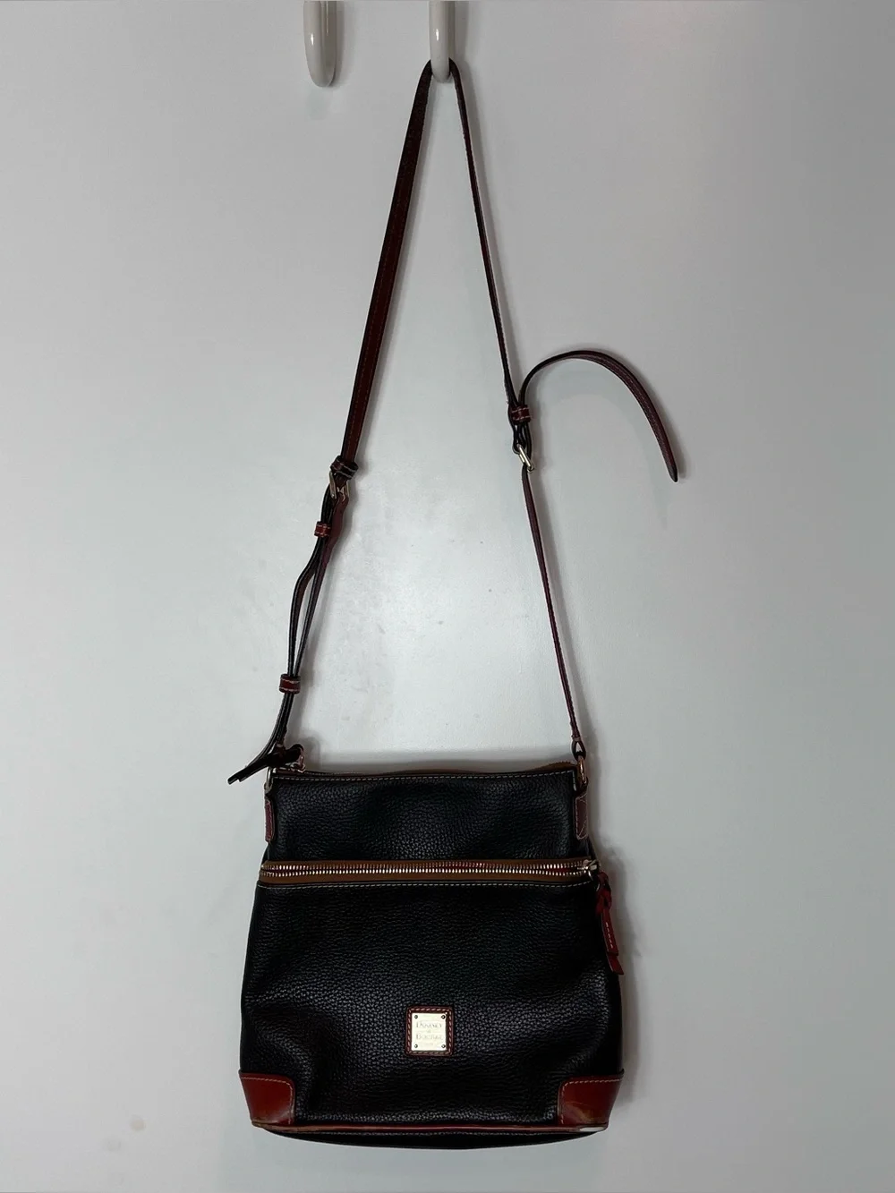 Dooney & Bourke Black Pebbled Leather Crossbody with Brown Trim As Is